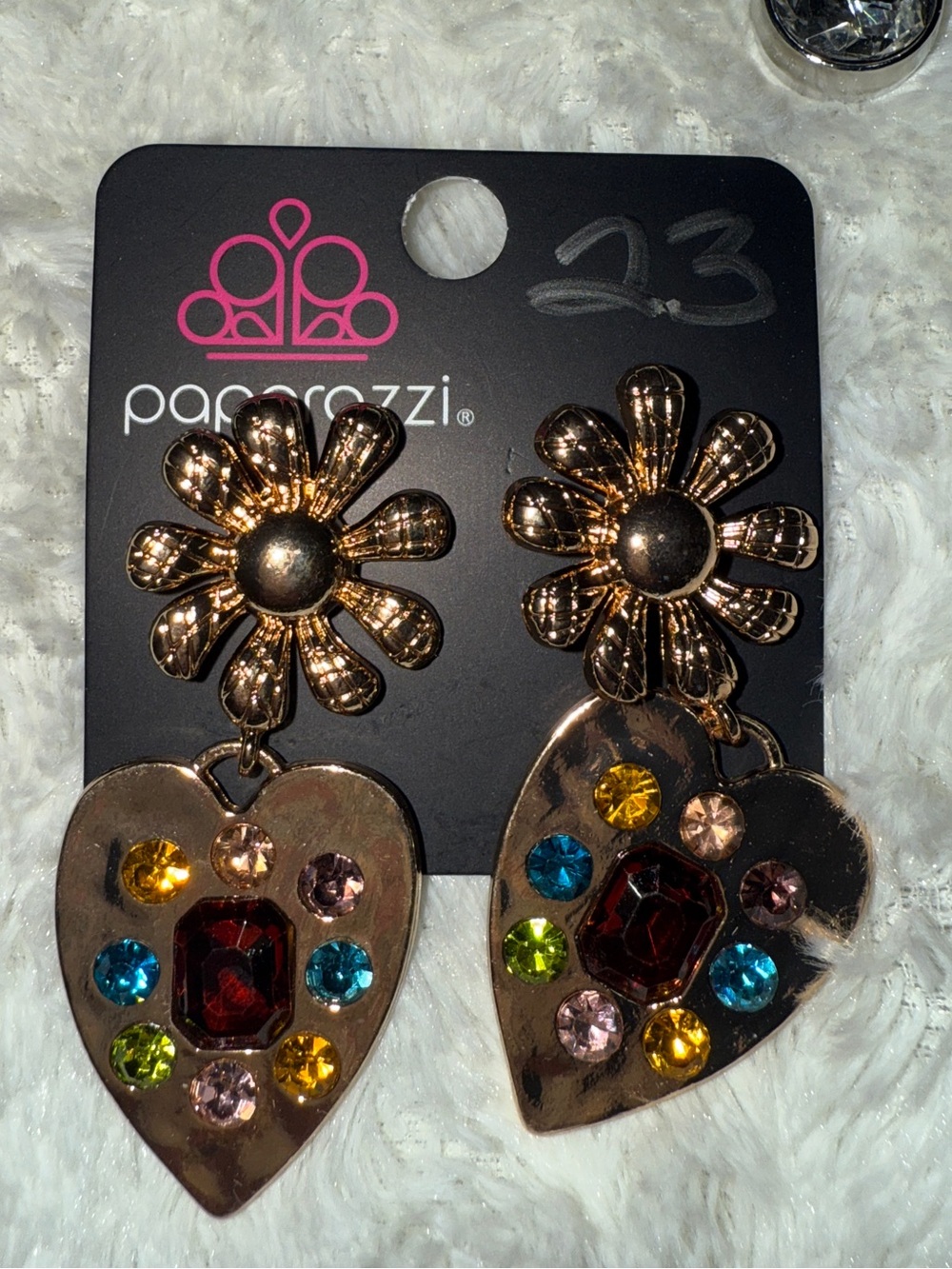 paparazzi Gold Flower Drop Earrings with Multicolor Rhinestone Hearts